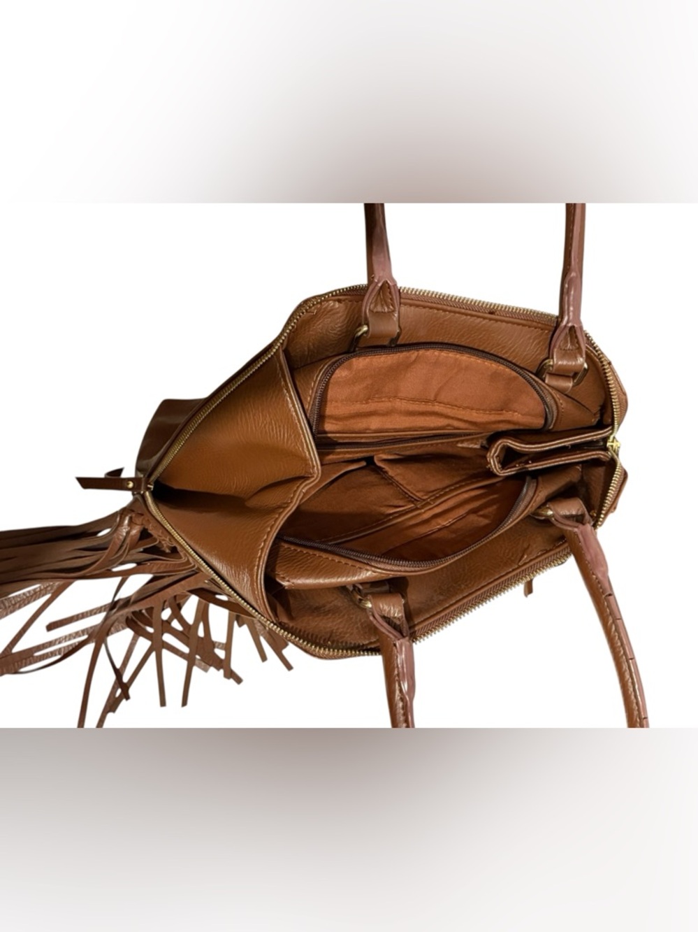 Fringed Brown Side Zip Leather Shoulder Bag - Picture 6 of 10